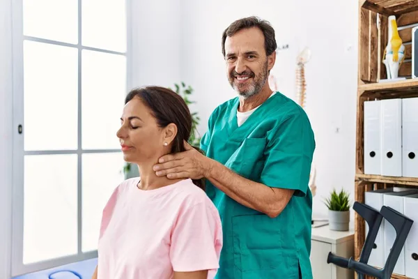 Middle Age Man Woman Smiling Confident Massaging Neck Having Rehab — Stock Photo, Image