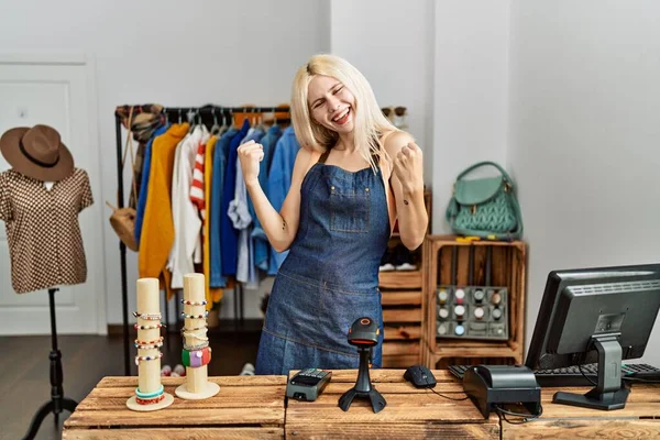 Beautiful Caucasian Woman Working Manager Retail Boutique Very Happy Excited — Stock Photo, Image
