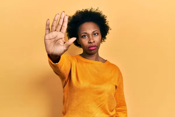 Young African American Woman Wearing Casual Clothes Doing Stop Sing — Stock Photo, Image