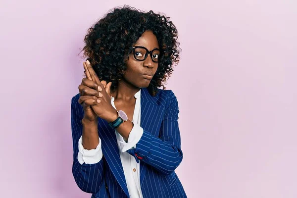 Young African American Woman Wearing Business Clothes Glasses Holding Symbolic — стокове фото