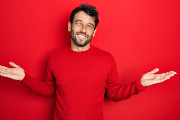 Schöner Mann Mit Bart Trägt Lässig Roten Pullover Lächelnd Beide — Stockfoto