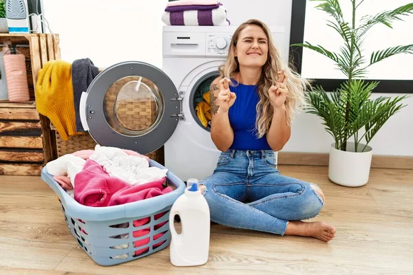 Young Beautiful Woman Doing Laundry Sitting Wicker Basket Gesturing Finger — Stock Photo, Image