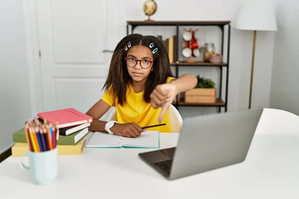 Young African American Girl Doing Homework Home Looking Unhappy Angry — Stockfoto