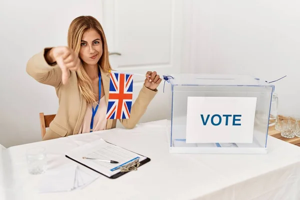 Blonde Beautiful Young Woman Political Campaign Election Holding Flag Angry — Foto de Stock