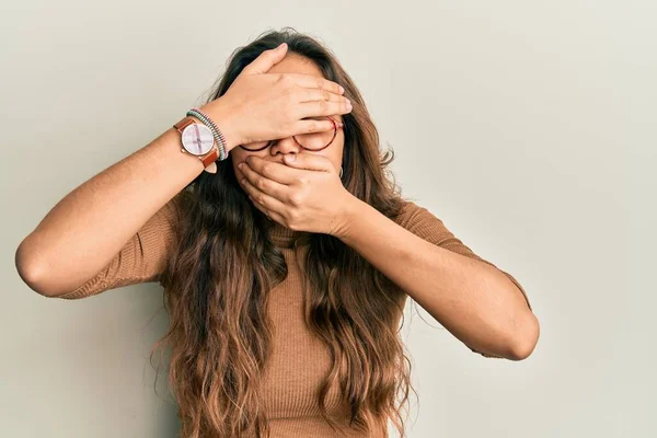 Young Hispanic Girl Wearing Casual Clothes Glasses Covering Eyes Mouth — Stock Photo, Image