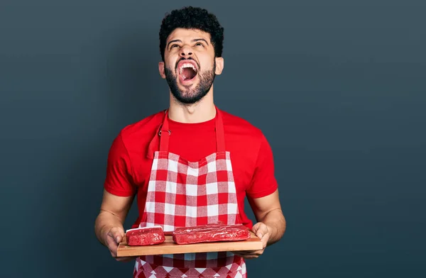 Young Arab Man Beard Holding Board Raw Meat Angry Mad — Stock Photo, Image