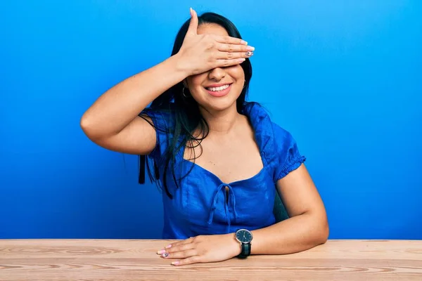 Beautiful Hispanic Woman Nose Piercing Sitting Table Smiling Laughing Hand — Stock Photo, Image