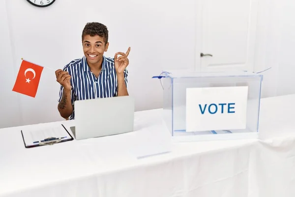 Young Handsome Hispanic Man Political Campaign Election Holding Tunisia Flag — Foto de Stock