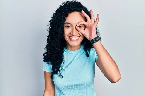 Young Hispanic Woman Curly Hair Wearing Casual Blue Shirt Doing — Stockfoto