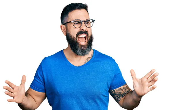 Hispanic Man Beard Wearing Casual Shirt Glasses Crazy Mad Shouting — Stockfoto