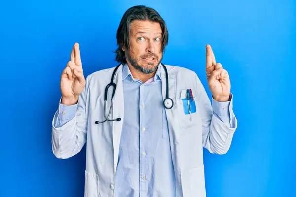 Middle Age Handsome Man Wearing Doctor Uniform Stethoscope Gesturing Finger — Stock Photo, Image