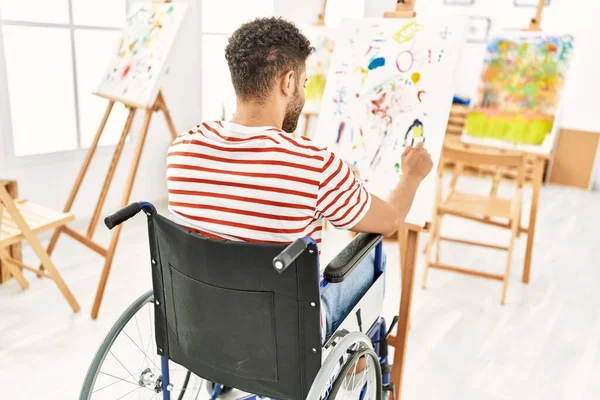 Young Arab Disabled Artist Man Back View Drawing Sitting Wheelchair — Stock Photo, Image