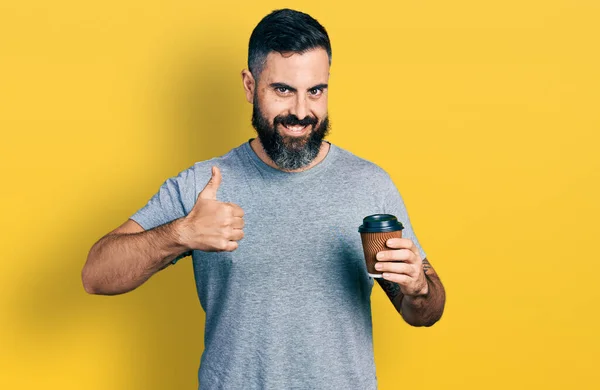 Hispanic Man Beard Drinking Take Away Cup Coffee Smiling Happy — Stockfoto