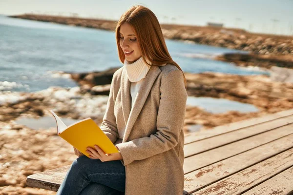 Young Redhead Girl Smiling Happy Reading Book Beach — Stock Photo, Image