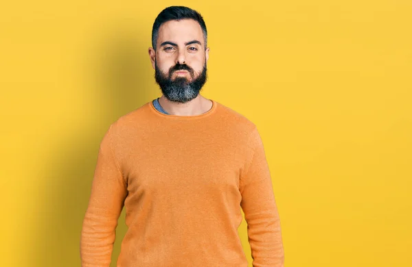 Hispanic Man Beard Wearing Casual Winter Sweater Puffing Cheeks Funny — Fotografia de Stock