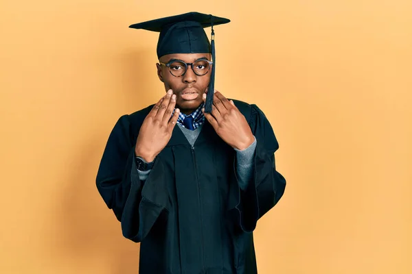 Young African American Man Wearing Graduation Cap Ceremony Robe Tired — Stock Photo, Image