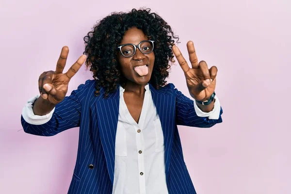 Young African American Woman Wearing Business Clothes Glasses Smiling Tongue — Stock Fotó