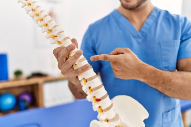 Fizyoterapist üniforması giyen genç İspanyol adam klinikteki omurganın anatomik modelini gösteriyor.