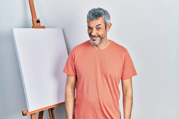 Handsome Middle Age Man Grey Hair Standing Painter Easel Stand — Stock Photo, Image