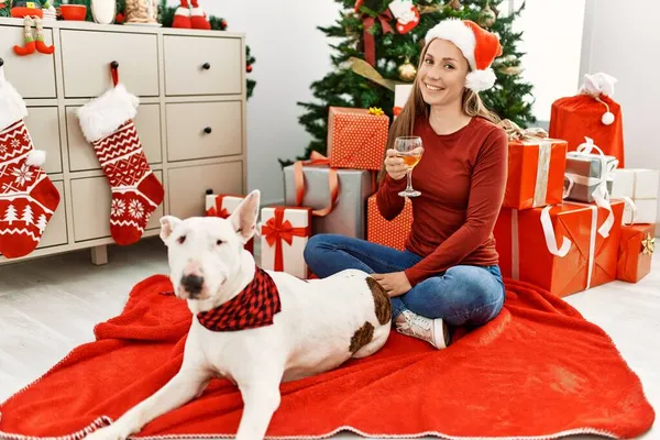 Beyaz Bir Kadın Evde Köpekle Oturup Şampanya Içiyor Noel Ağacının — Stok fotoğraf