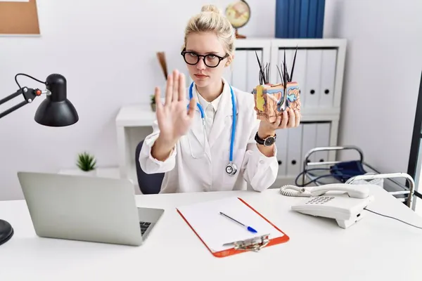 Mujer Doctora Joven Sosteniendo Modelo Piel Cabello Anatómico Humano Clínica — Foto de Stock