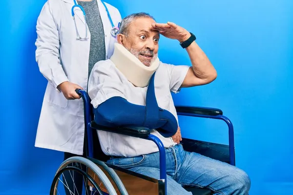 Handsome Senior Man Beard Sitting Wheelchair Neck Collar Very Happy — Stock Photo, Image