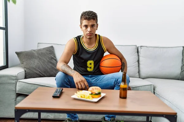 Young Handsome Hispanic Man Holding Basketball Ball Cheering Game Thinking — Stok Foto