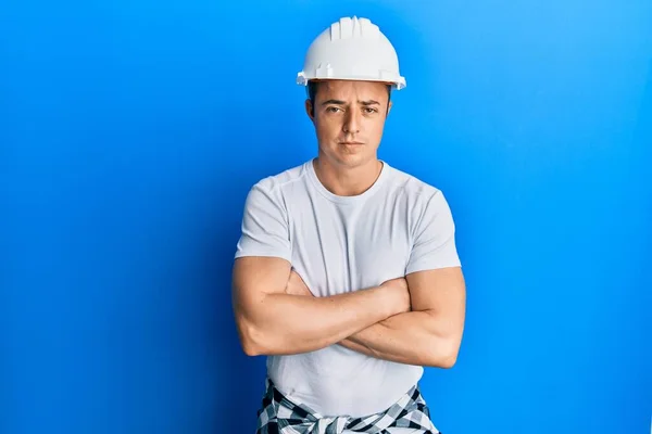 Handsome Young Man Wearing Builder Uniform Hardhat Skeptic Nervous Disapproving — Stockfoto