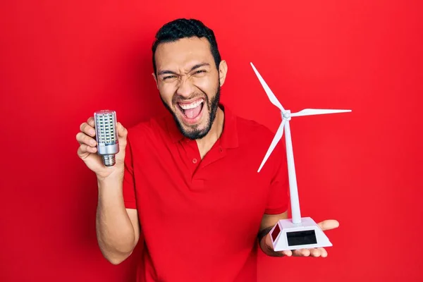 Hispanic Man Beard Holding Solar Windmill Renewable Electricity Led Bulb — Stock Photo, Image