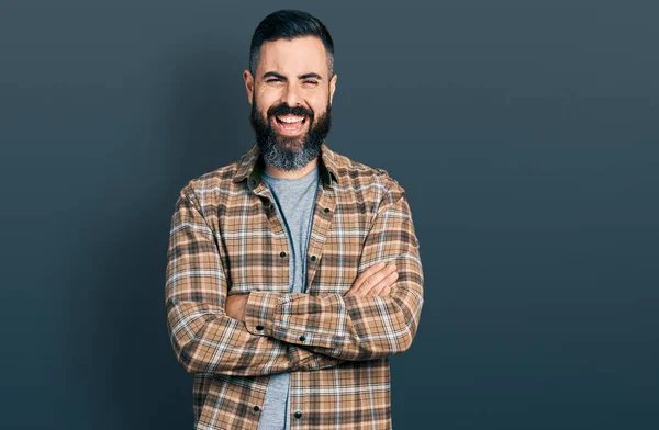Hispanic Man Beard Arms Crossed Gesture Smiling Laughing Hard Out — 图库照片