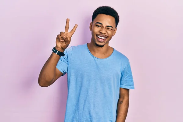 Young African American Man Wearing Casual Blue Shirt Smiling Happy — 图库照片