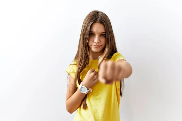Young Brunette Teenager Standing Together Isolated Background Punching Fist Fight — Stock Photo, Image
