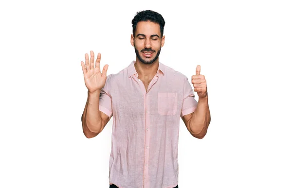 Hispanic Man Beard Wearing Casual Shirt Showing Pointing Fingers Number — 图库照片