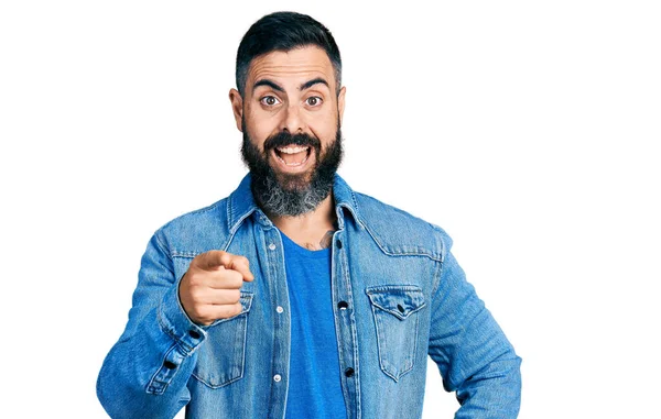Hispanic Man Beard Pointing Finger Camera Celebrating Crazy Amazed Success — Stockfoto