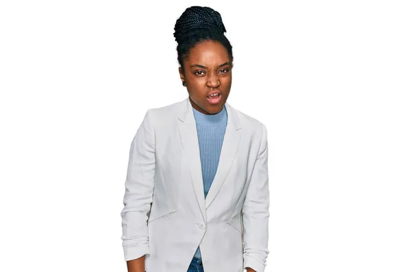 Jovem Afro Americana Vestindo Roupas Negócios Face Choque Parecendo Cética — Fotografia de Stock