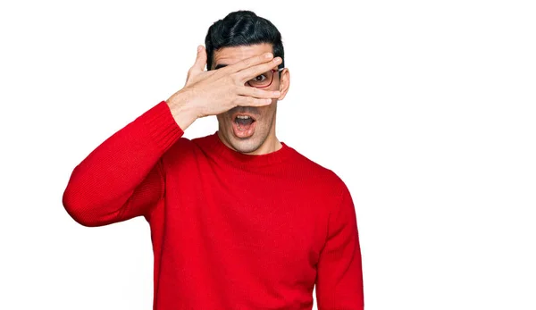 Handsome Hispanic Man Wearing Casual Clothes Glasses Peeking Shock Covering — 图库照片