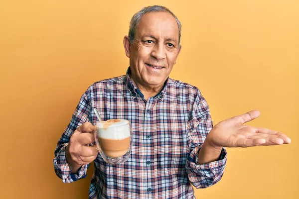 Handsome Senior Man Grey Hair Drinking Cup Coffee Smiling Cheerful — Stock Photo, Image