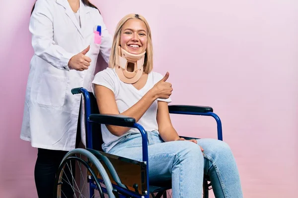 Beautiful Blonde Woman Sitting Wheelchair Collar Neck Doing Happy Thumbs — Stock Photo, Image