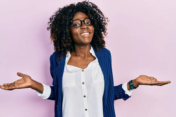 Young African American Woman Wearing Business Clothes Glasses Smiling Showing — стокове фото