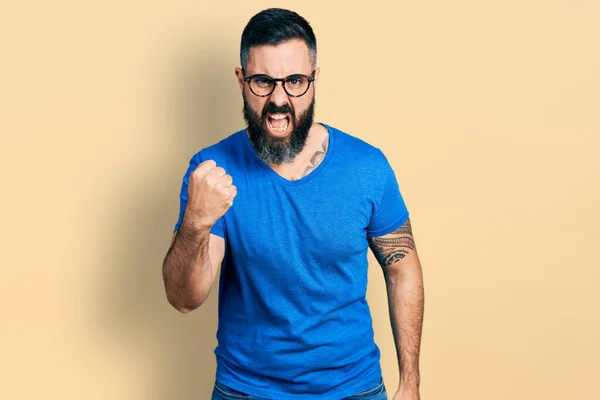 Hispanic Man Beard Wearing Casual Shirt Glasses Angry Mad Raising — Fotografia de Stock