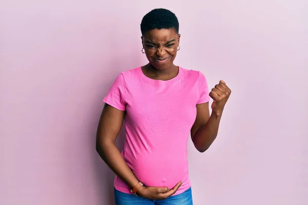 Young African American Woman Expecting Baby Touching Pregnant Belly Very — Foto de Stock