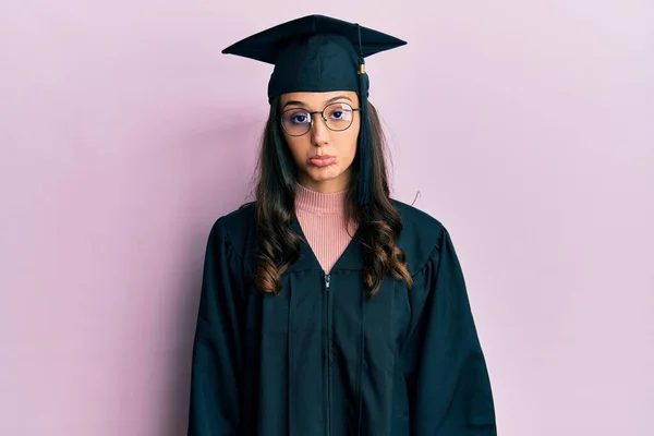 Young Hispanic Woman Wearing Graduation Cap Ceremony Robe Depressed Worry — Foto Stock