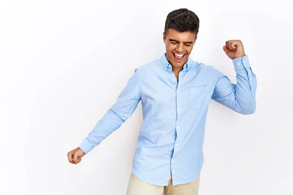 Young Hispanic Man Wearing Business Shirt Standing Isolated Background Dancing — Stok fotoğraf