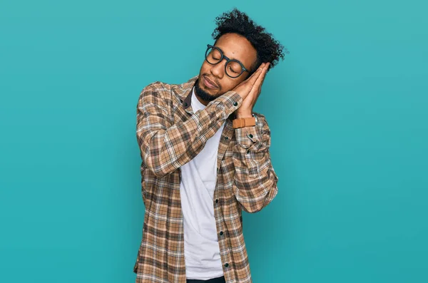 Young African American Man Beard Wearing Casual Clothes Glasses Sleeping — Stock Photo, Image