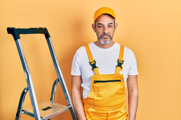 Handsome Middle Age Man Grey Hair Holding Ladder Depressed Worry — Stockfoto