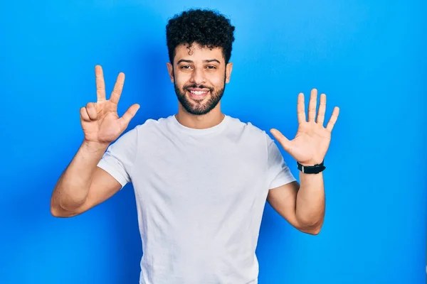 Young Arab Man Beard Wearing Casual White Shirt Showing Pointing — Stockfoto