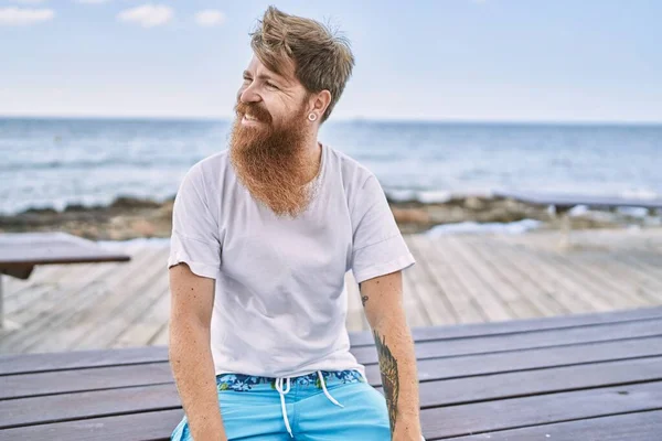 Young Redhead Man Smiling Happy Sitting Bench Beach — Stock Photo, Image