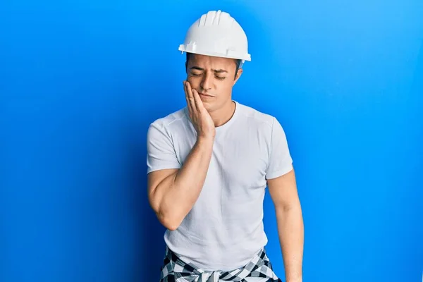 Handsome Young Man Wearing Builder Uniform Hardhat Touching Mouth Hand — Φωτογραφία Αρχείου