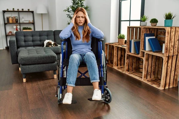 Young Beautiful Woman Sitting Wheelchair Home Hand Head Pain Head — Fotografia de Stock