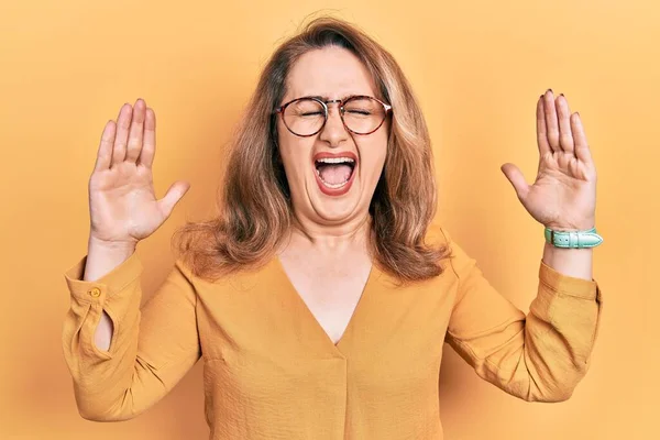 Middle Age Caucasian Woman Wearing Casual Clothes Glasses Celebrating Mad — Stock Photo, Image